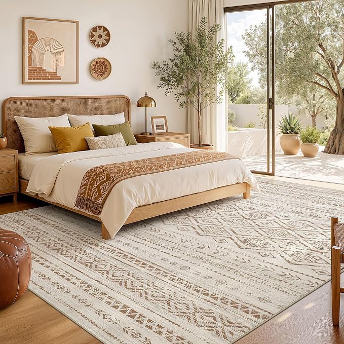 Nakagishi Area Rug Living Room Rugs: 10x12 Large Soft Machine Washable Boho Moroccan FarmNeutral Stain Resistant Indoor Floor Carpet for Bedroom Under Dining Table Home Office Decor-Brown