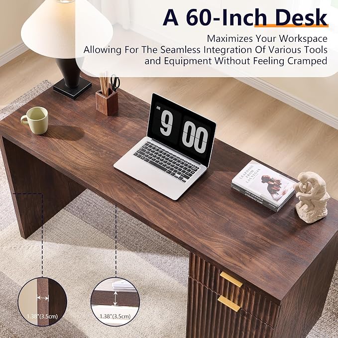 JXQTLINGMU 60" Modern Executive Desk with Storage, Wood Home Office Desk with Drawer & Cabinet, Fluted Computer Writing Desk for Study, Living Room, Bedroom, Dark Walnut