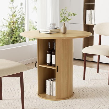31.5 inch Round Dining Table for 2, Small Dinner Table with 2-Layer Storage Shelf, Morden Circle Kitchen Table with Wood Strip Base and Slide Door for Home Dining Room, Living Room, Natural