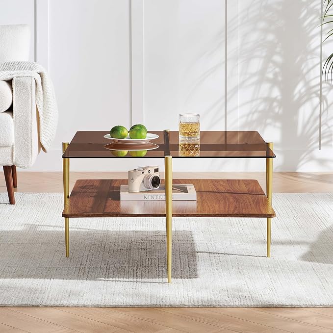 LumFurn Square Coffee Table, Mid-Century Modern Design, L30 x W30 x H17 Inch, for Living Room, 2-Tier Structure, Amber Glass Top and Walnut Wood Shelf, Sleek Conical Metal Legs with Gold Finish