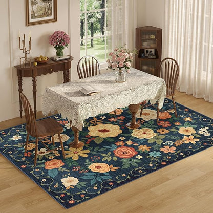 DUKINO 9x12 Area Rug, Floral Rugs for Living Room, Lightweight Non Slip Washable Rug, Indoor Low Pile & Non-Shedding Boho Design Rugs for Bedroom, Living Room, Dining Room, Dark Blue