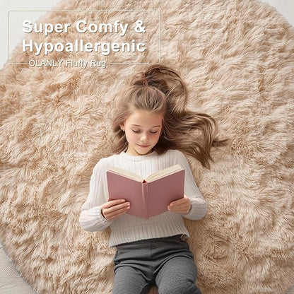 OLANLY Beige Round Rugs for Bedroom - Machine Washable, 7 ft Circle Area Rugs for Living Room, Soft and Fluffy Shaggy Carpet for Teen Girls and Boys, Nursery Rooms, Dorms, Home Decor Aesthetic