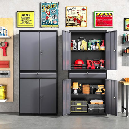 Metal Storage Cabinet with Doors and Shelves,Garage Storage Cabinets with Lock and Drawer,Metal Cabinet with Locking Doors,4 Door Steel Cabinet,71" Tall Lockable Cabinets for Garage,Home,Office