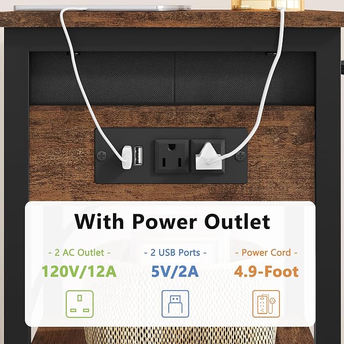 Gewudraw Printer Stand with Charging Station, 2-Tier Under Desk Printer Table, Side Table with Storage Shelves for Home Office, Living Room, Bedroom, Bathroom, Brown