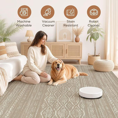 Nakagishi Area Rug Living Room Rugs: 7x9 Large Soft Machine Washable Boho Moroccan FarmNeutral Stain Resistant Indoor Floor Carpet for Bedroom Under Dining Table Home Office Decor-Dark Brown