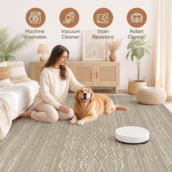 Nakagishi Area Rug Living Room Rugs: 10x14 Large Soft Machine Washable Boho Moroccan FarmNeutral Stain Resistant Indoor Floor Carpet for Bedroom Under Dining Table Home Office Decor-Dark Brown