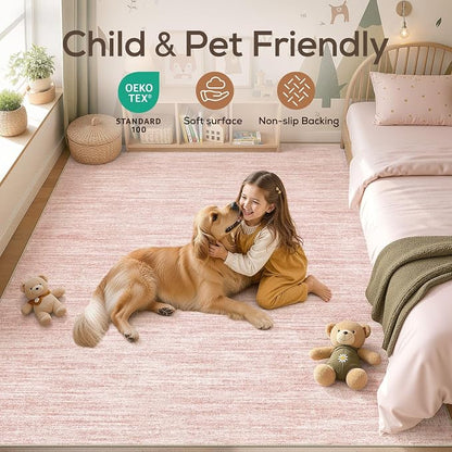 Nakagishi 10X12 Area Rugs Living Room: Washable Large Vintage Rug Neutral Non-Slip Soft Stain Resistant Indoor Carpet for Bedroom Nursery Dining Room Office Playroom - Pink