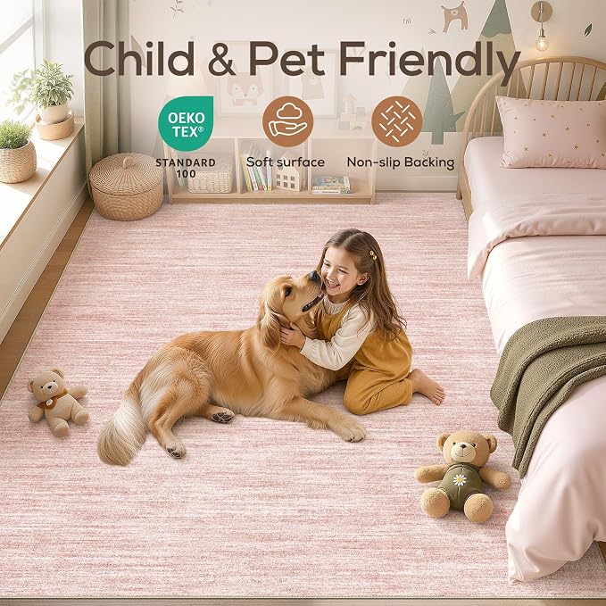 Nakagishi 6X8 Area Rugs Living Room: Washable Large Vintage Rug Neutral Non-Slip Soft Stain Resistant Indoor Carpet for Bedroom Nursery Dining Room Office Playroom - Pink