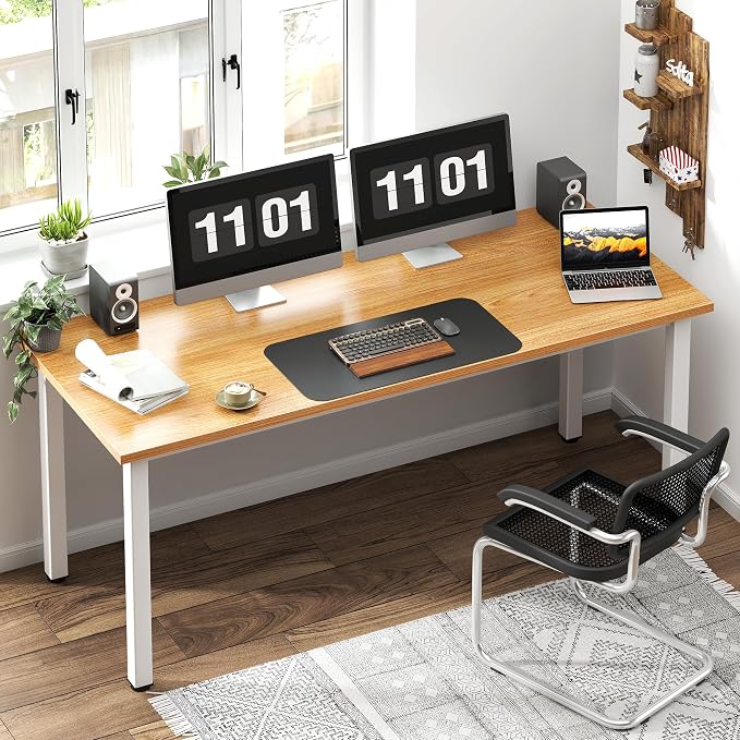 Need 63 Inch Large Computer Desk - Modern Simple Style Home Office Gaming Desk, Basic Writing Table for Study Student, Work from Home Table, Large Legroom, White Metal Frame, Teak