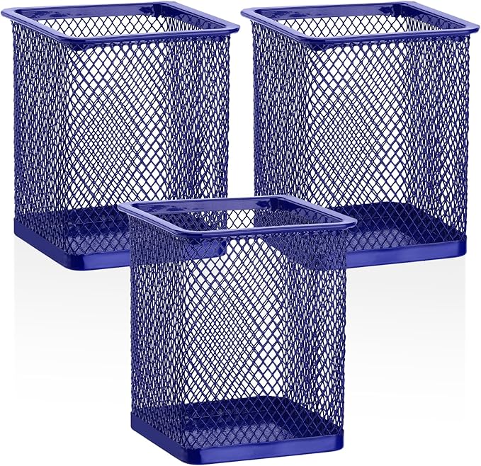 Segarty Pen Holder for Desk, 3 Pack Square Dark Blue Pen Cup Holder, Wire Mesh Pencil Container Set Desktop Organizer for Office Supplies, School, Home Table Accessories, Makeup Brush