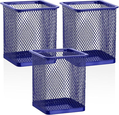 Segarty Pen Holder for Desk, 3 Pack Square Dark Blue Pen Cup Holder, Wire Mesh Pencil Container Set Desktop Organizer for Office Supplies, School, Home Table Accessories, Makeup Brush