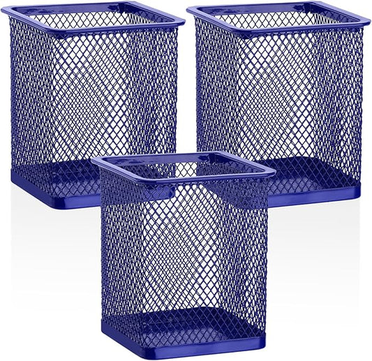 Segarty Pen Holder for Desk, 3 Pack Square Dark Blue Pen Cup Holder, Wire Mesh Pencil Container Set Desktop Organizer for Office Supplies, School, Home Table Accessories, Makeup Brush
