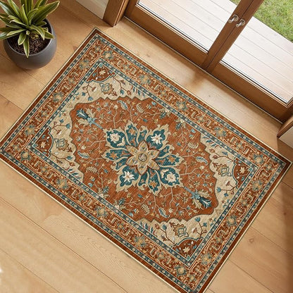 RELEANY Area Rugs Small 2'x3' Washable Non-Slip, Floral Vintage Distress Medallion Carpet for Kitchen Entryway Bathroom, Red Orange Blue Brown