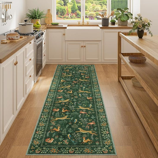 DUKINO Runner Rug, 2x7 Washable Kitchen Rugs for Hallways with Non Slip Backing, Soft Low Pile Vintage Animal Runner for Kitchen, Hallway, Entryway, Laundry, Bedroom, Green
