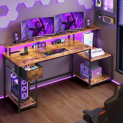 Computer Desk with 55" Long Monitor Stand and 18" Ample Printer Space, Home Office Desk With RGB Lights and 3 AC Power Outlets, Zoned Storage Drawer and File Shelves, Study Desk, Writing Desk, Brown