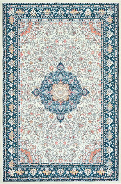 Goideal Washable Rug 3x5, Vintage Area Rugs Non Slip, Indoor Low Pile Carpet with Rubber Backing for Living Room Kitchen Bathroom Entryway Office Bedroom,Cream & Navy