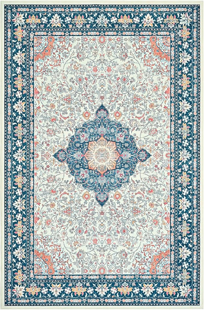 Goideal Washable Rug 8x10, Vintage Area Rugs Non Slip, Indoor Low Pile Carpet with Rubber Backing for Living Room Kitchen Bathroom Entryway Office Bedroom,Cream & Navy