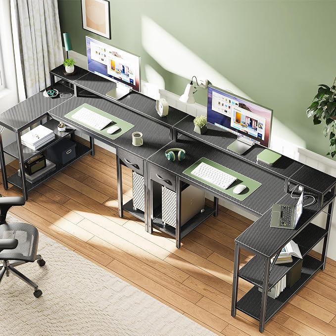 SUPERJARE 47 inch L Shaped Gaming Desk with LED Lights & Power Outlets, Reversible Computer Desk with Shelves & Monitor Stand, Corner Desk with Drawer, for Home & Office, Carbon Fiber Black