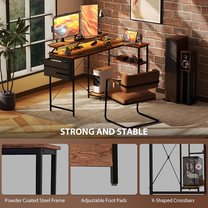 HOMCOM 58" L Shaped Gaming Desk with Power Outlets and LED Lights, Reversible Computer Desk with Monitor Stand, Fabric Storage Bag, Cable Management, for Home Office, Rustic Brown