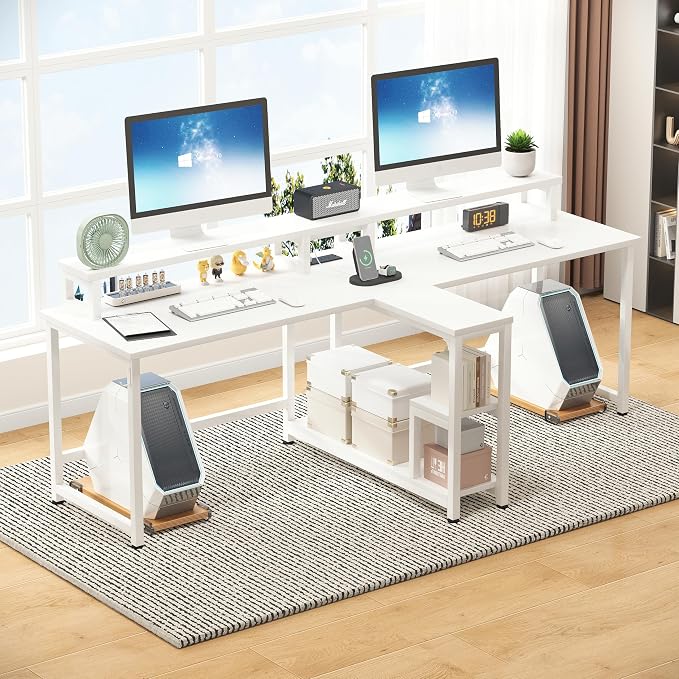 Mexin Double Desk for Two People - 83.7 Inch 2 Person Desk with Storage Shelves and Power Outlets, Home Office Desk with Monitor Stand, Long Gaming Desk, Large Workstation, White