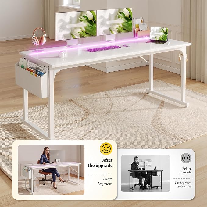 DurayLoly 55 Inch White Computer Desk with LED Lights, Office Desk with Storage Bag for Home Office, Gaming Desk with Headphone Hook for Study Writing Work Desk,Sturdy Metal Frame