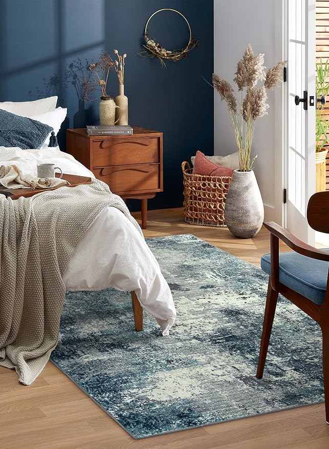 Lahome Abstract 5x7 Area Rugs for Living Room, Machine Washable Ultra Thin Bedroom Rug Non-Slip, Low-Pile Soft Modern Blue Grey Indoor Large Floor Carpet for Office Dining Room Playroom