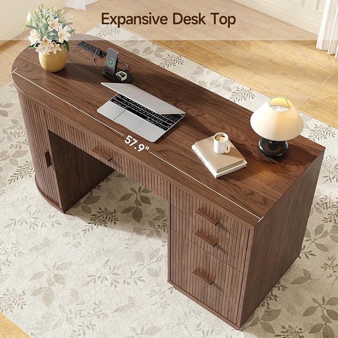 ONBRILL 58 Inch Fluted Executive Desk, Computer Desk with Storage Drawers & File Drawer, Modern Home Office Desk with Charging Station for Working, Studying, Writing, Walnut