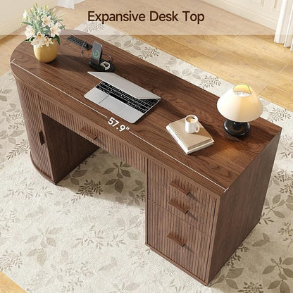 ONBRILL 58 Inch Fluted Executive Desk, Computer Desk with Storage Drawers & File Drawer, Modern Home Office Desk with Charging Station for Working, Studying, Writing, Walnut