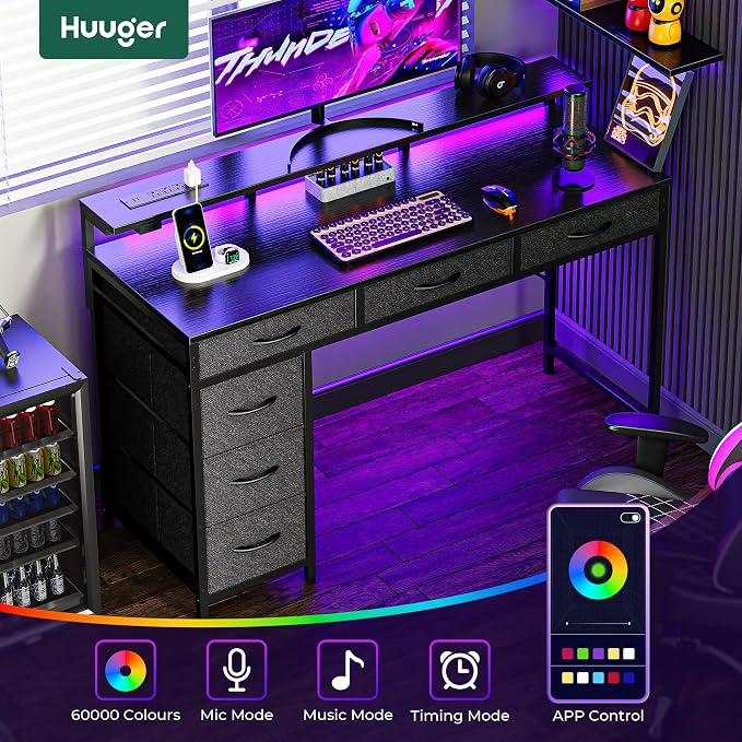 Huuger Gaming Desk with 6 Drawers, Computer Desk with LED Lights Power Outlets and Type-C, 47 Inch Office Desk with Storage, Monitor Stand, Writing Desk Work Desk Home Office, Bedroom, Black