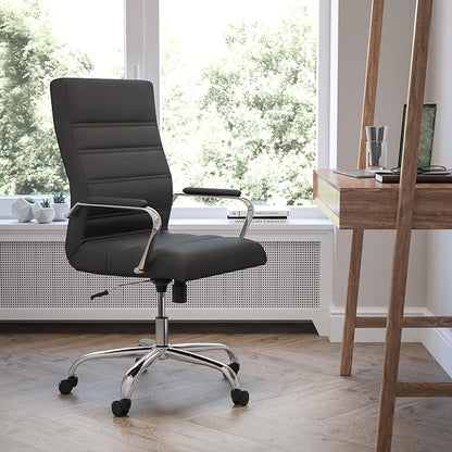 EMMA + OLIVER Faux Leather High-Back Swivel Home Office Desk Chair with Wheels, Padded Seat, and Armrests, Adjustable Height Multipurpose Office Chair, Black/Chrome