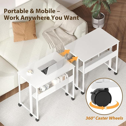 Garvee Folding Desk Small Rolling Desk with Storage Shelf,24.8 Inch Foldable Computer Table for Small Spaces, Space Saving Sofa Table with Wheels for Home Office, Study, Easy Assembly, White