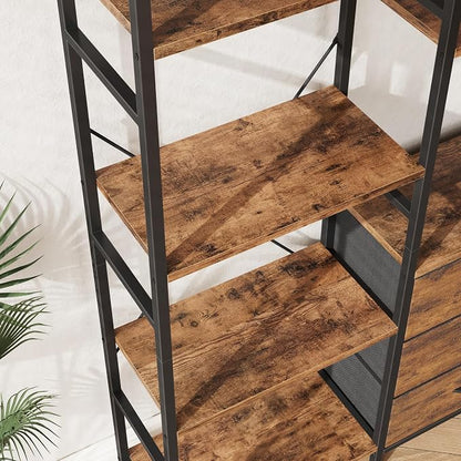 AFLUI Triple Bookshelf with 3 Fabric Drawers, 4-Tier Book Shelf and 10 Display Shelves, Industrial Large Bookcase for Home & Office, Rustic Brown, 59'' Wide
