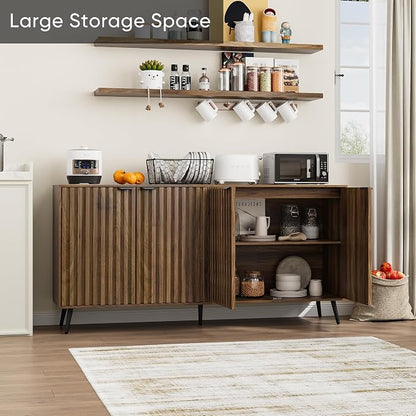 Smuxee 63" Fluted Sideboard Cabinet, Freestanding Walnut Buffet Cabinet with Adjustable Shelf, Wood Storage Cabinet for Living Room, Entryway, Hallway