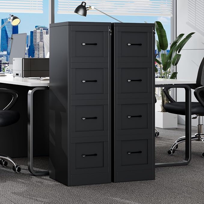 Small Metal 4-Drawer File Cabinet, Under-Desk Filing Cabinet, Black | Locking, Adjustable Hanging Rail, Fit A4, FC, Letter, Hanging File Folders for Home Office Storage Organization, 2PS