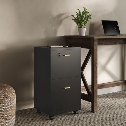 Lavish Home 2 Drawer File Cabinet - Filing Cabinet with Lock - Rolling File Cabinet for Under Desk Storage - Wood Filing Cabinet for Home or Office Organization (Black)