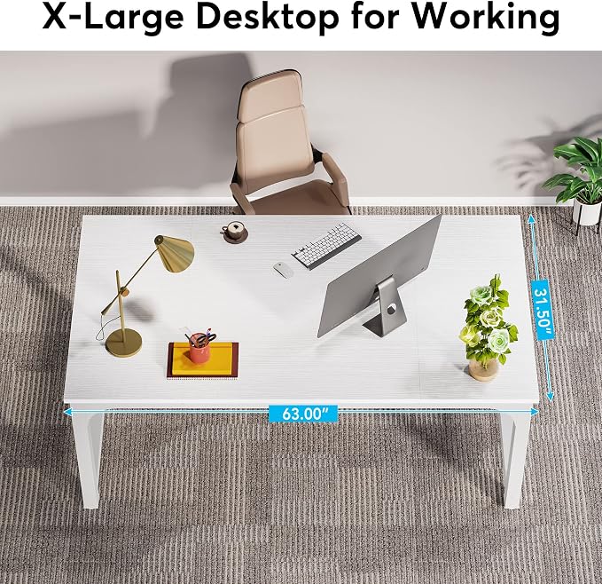 LITTLE TREE 63 Inch Large Executive Computer Office Desk, White