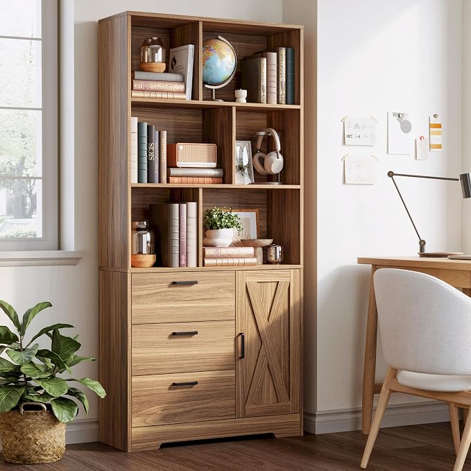 IRONCK Bookshelf, 70.9 Inch Tall Bookcase, Book Shelf with Doors and 3 Drawers, 3-Tier Bookshelves with 6 Open Cubes for Home Office, Living Room, Study