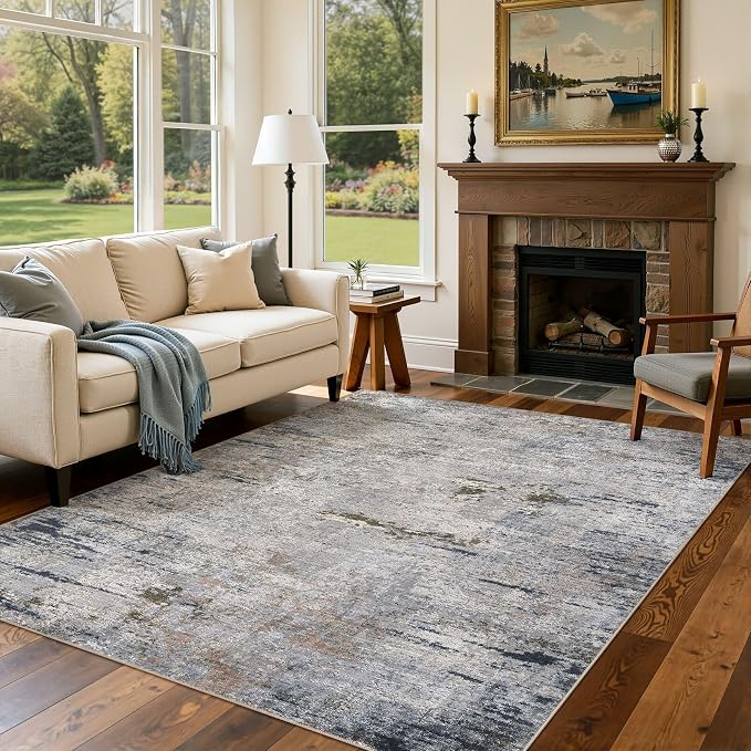 DMOYEST Area Rug Living Room Rugs - 6x9 Washable Large Soft Indoor Neutral Modern Abstract Low Pile Rug Carpet for Bedroom Dining Room Farmhouse Home Office - Blue/Grey/Brown
