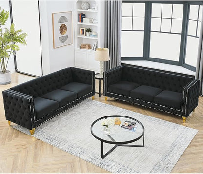 mikibama 2PC Velvet Sofa Couch Set for Living Room,Button Tufted 3 Seater Sofas Set of 2,Modern Upholstered 3-Seat Couches with Nailhead Trims,Golden Metal Legs for Bedroom