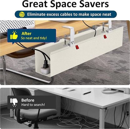 28" Small Under Desk Cable Management Tray No Drill, Compact Clamp On Cord Organizer for Dorm & Small Desk, Anti-Sag Oxford Fabric Wire Hider, Power Strip Holder (Beige, 28.6")