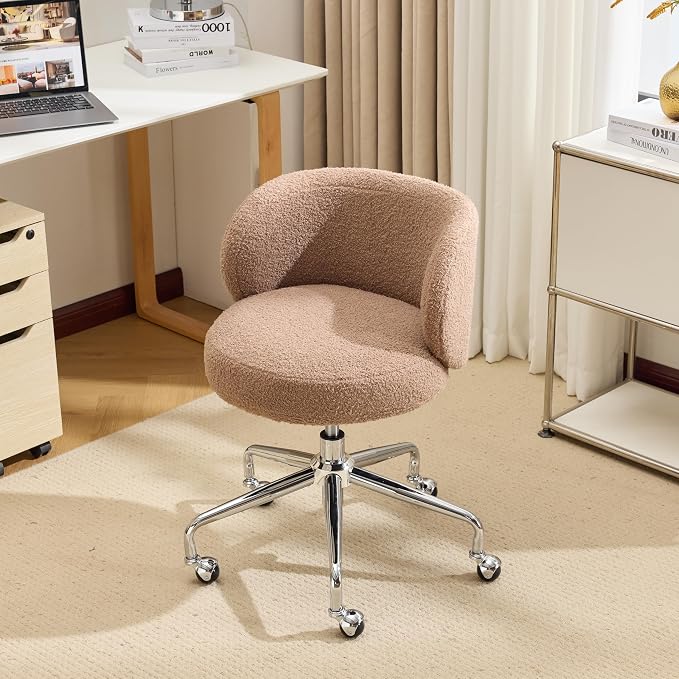 VINGLI Cute Small Swivel Desk Chair Comfy with Wheels,Ergonomic Low-Back Lumbar Support Vanity Nail Tech Rolling Task Stool Chair for Home Office,Height Adjustable,Teddy Fleece,Brown