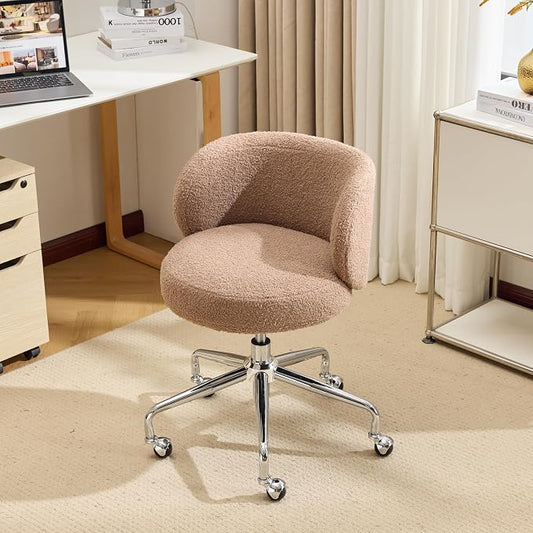 VINGLI Cute Small Swivel Desk Chair Comfy with Wheels,Ergonomic Low-Back Lumbar Support Vanity Nail Tech Rolling Task Stool Chair for Home Office,Height Adjustable,Teddy Fleece,Brown