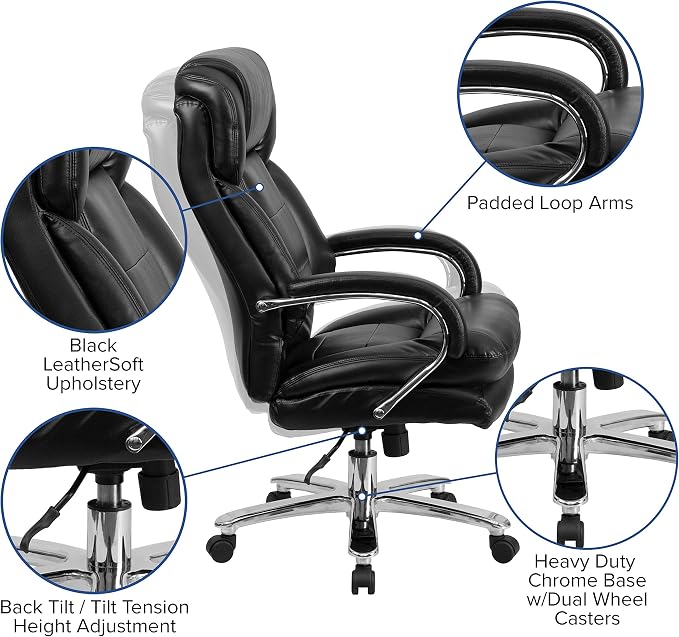 Flash Furniture Hercules Series LeatherSoft Swivel Office Chair with Loop Arms, Ergonomic High-Back Executive Chair with Padded Seat and Arms, Black