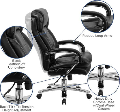 Flash Furniture Hercules Series LeatherSoft Swivel Office Chair with Loop Arms, Ergonomic High-Back Executive Chair with Padded Seat and Arms, Black