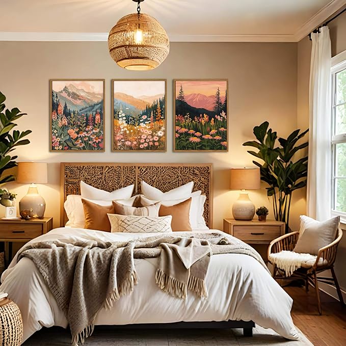 Floating Framed Boho Colorful Mountain Wall Art Set of 3, Vintage Wildflower Landscape Canvas Wall Decor Paintings, Nature Floral Forest Posters Pictures Prints for Living Room Bedroom 12x16 Inch