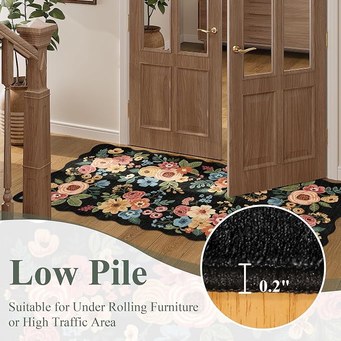 DUKINO 3x8 Washable Runner Rug, Soft Indoor Floral Non Slip Long Runner Rug for Hallways, Lightweight & Low Pile Floor Carpet for Kitchen, Entryway, Hallway, Bathroom, Laundry, Bedroom, Black