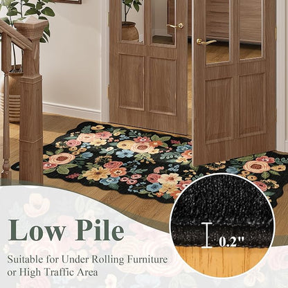 DUKINO 2x3 Entryway Rug, Floral Washable Indoor Door Mat with Non-Slip Backing, Soft Low Pile Small Front Door Throw Rugs for Entryway, Kitchen, Bedroom, Laundry, Bathroom,Black