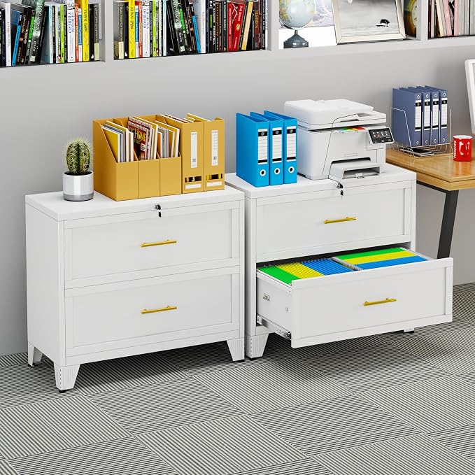 Metal Lateral File Cabinet with Lock,2 Drawer Steel Wide Filing Organization Storage Cabinets for Legal/Letter/A4/F4 Size with Hanging Files&Key,Lockable Printer Stand for Home Office, White