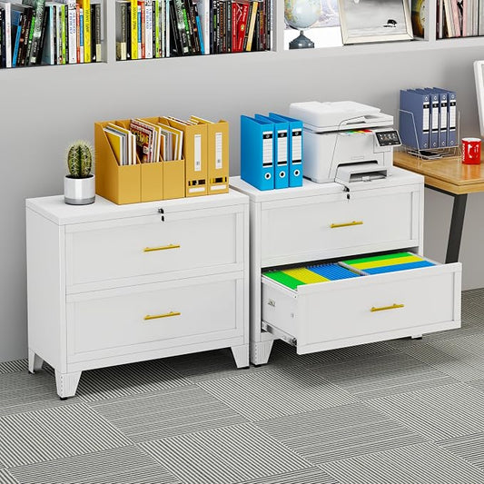 Metal Lateral File Cabinet with Lock,2 Drawer Steel Wide Filing Organization Storage Cabinets for Legal/Letter/A4/F4 Size with Hanging Files&Key,Lockable Printer Stand for Home Office, White