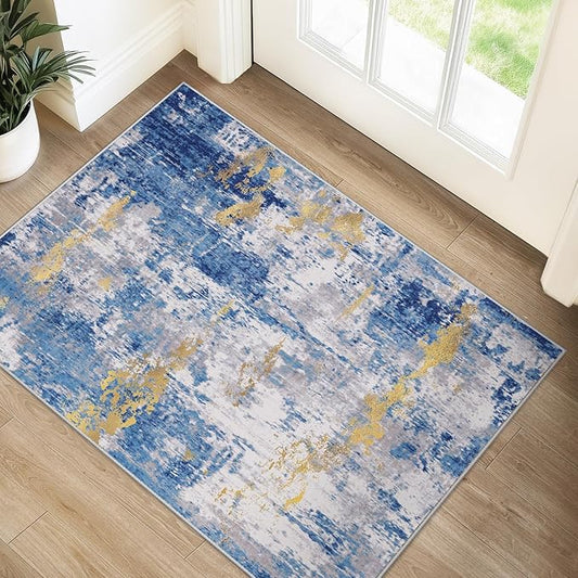 RELEANY Washable Area Rugs 2'x3' Non-Slip Modern Abstract Soft for Living Room Entryway Bedroom Kitchen, Print Pattern, Grey Blue Gold/Golden